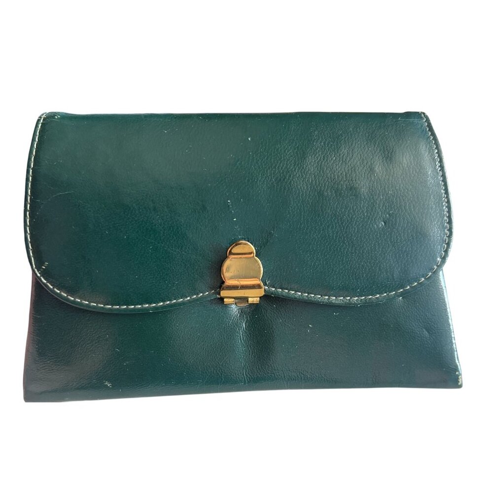 Vintage Britemode Green Leather Clutch Small Purse w Lipstick Mirror Comb